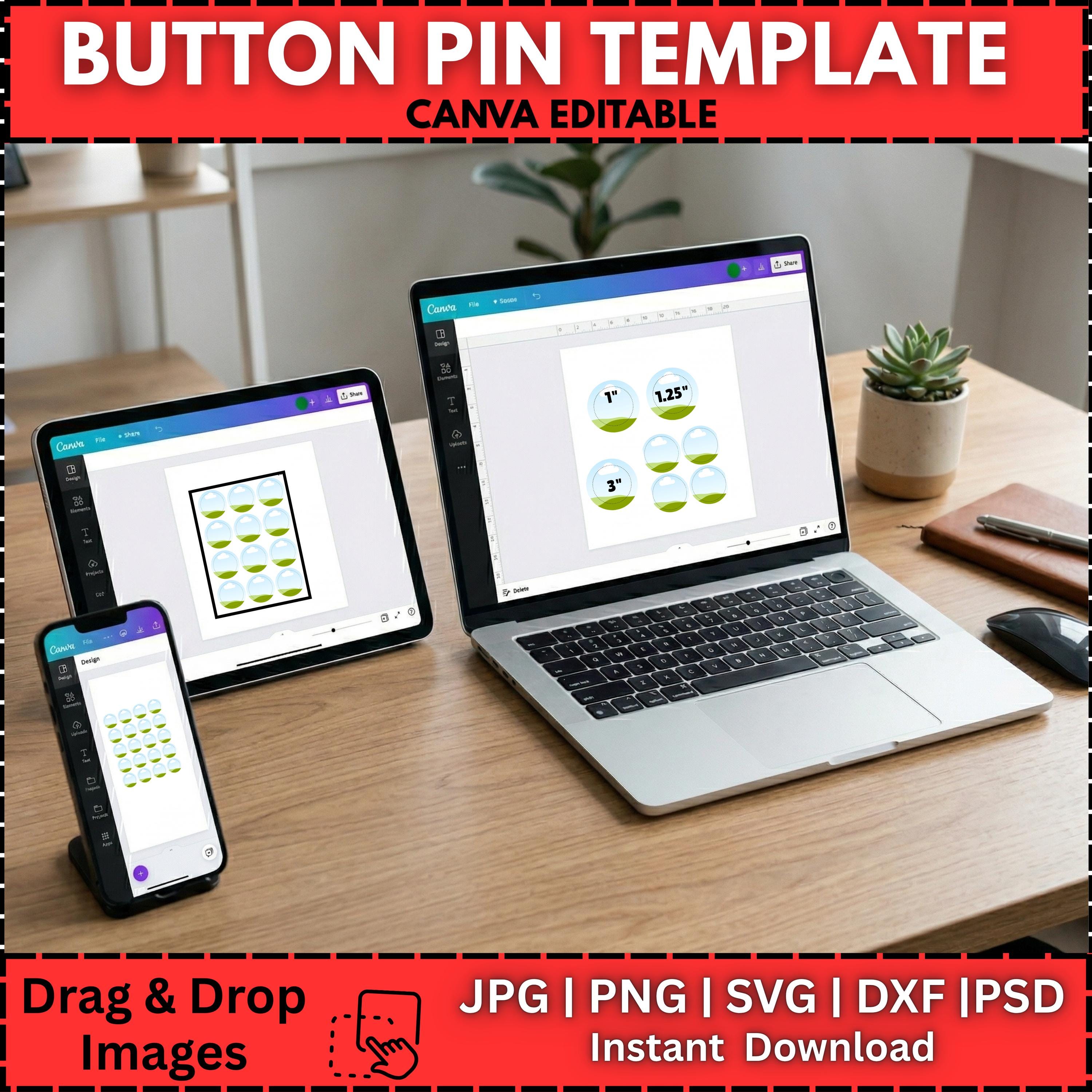9x Button Pin Template Bundle | Editable Canva Frames | Blank Pinback ...