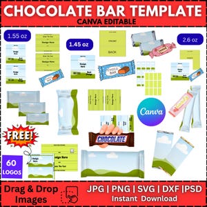 May include: A collection of chocolate bar template designs, including wrappers, labels, and packaging. The designs feature various sizes, such as 1.55 oz and 2.6 oz, and include the text "CHOCOLATE BAR TEMPLATE" and "CANVA EDITABLE".