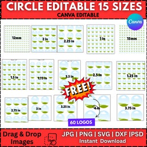 Könnte beinhalten: Grafik mit Kreisdesigns in 15 Größen, darunter 12mm, 2 in, 2.25 in, 1 in, 15mm, 1.5 in, 1.75 in, 3.5 in, 2.5 in, 1.25 in, 2.75 in, 3 in, 3.25 in, 4 in und 3.75 in. Der Text "CIRCLE EDITABLE 15 SIZES" und "CANVA EDITABLE" ist enthalten.
