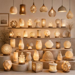 Puede incluir: Una colecci&oacute;n de l&aacute;mparas decorativas de varias formas y tama&ntilde;os, incluyendo colgantes y l&aacute;mparas de mesa. Las l&aacute;mparas est&aacute;n hechas de materiales como madera, fibras tejidas y cer&aacute;mica, con una iluminaci&oacute;n ambiental c&aacute;lida. El estilo general es natural y moderno.