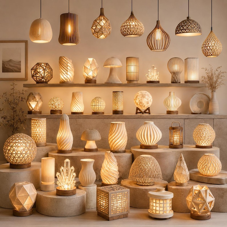 Puede incluir: Una colecci&oacute;n de l&aacute;mparas decorativas de varias formas y tama&ntilde;os, incluyendo colgantes y l&aacute;mparas de mesa. Las l&aacute;mparas est&aacute;n hechas de materiales como madera, fibras tejidas y cer&aacute;mica, con una iluminaci&oacute;n ambiental c&aacute;lida. El estilo general es natural y moderno.