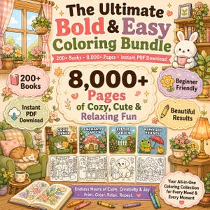 Puede incluir: Un paquete de colorear digital titulado The Ultimate Bold & Easy Coloring Bundle, que incluye m&aacute;s de 200 libros y 8.000 p&aacute;ginas. La imagen presenta ilustraciones de un gato, un conejo, jardines y varios interiores acogedores con texto.