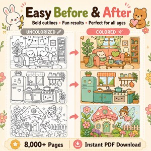 Puede incluir: Una p&aacute;gina de libro para colorear digital titulada Easy Before & After con tres escenas: una sala de estar, una cocina y una casa de hadas. Cada escena muestra una versi&oacute;n en blanco y negro junto a una versi&oacute;n a color. Texto: 8,000+ Pages.