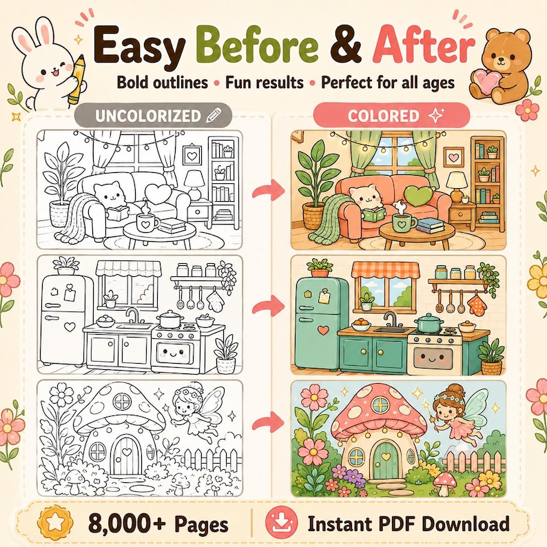 Puede incluir: Una p&aacute;gina de libro para colorear digital titulada Easy Before & After con tres escenas: una sala de estar, una cocina y una casa de hadas. Cada escena muestra una versi&oacute;n en blanco y negro junto a una versi&oacute;n a color. Texto: 8,000+ Pages.