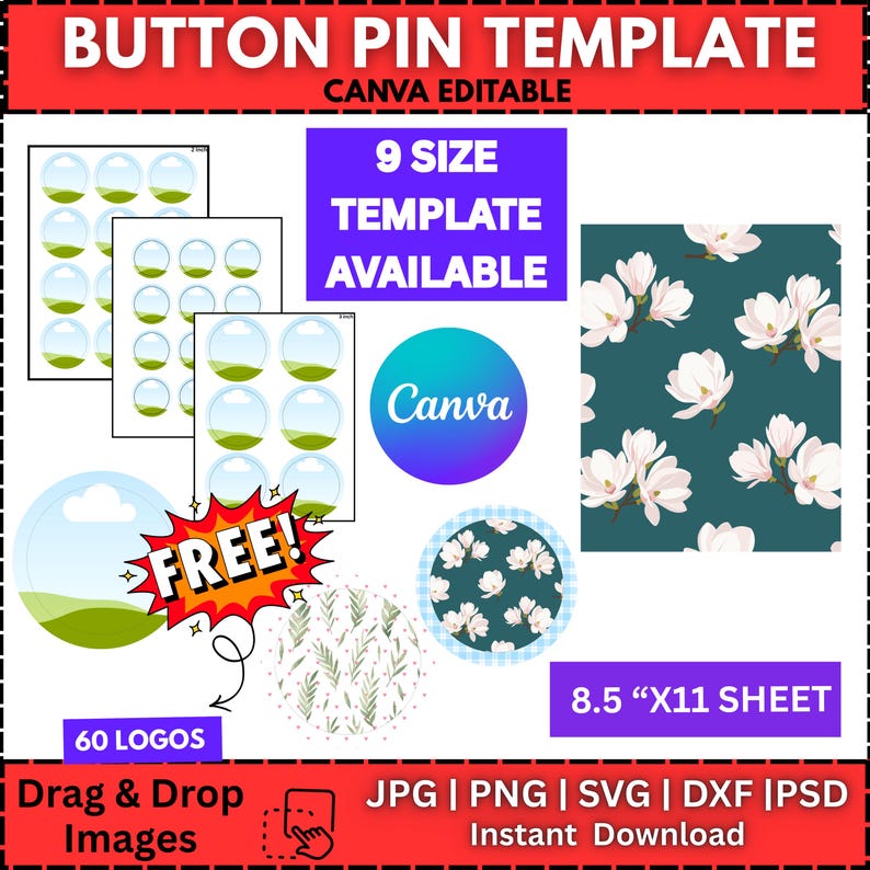 9x Button Pin Template Bundle | Editable Canva Frames | Blank Pinback ...
