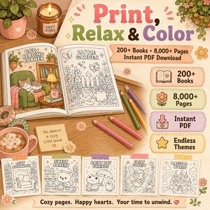 Puede incluir: Una colecci&oacute;n de libros para colorear digitales titulada Print, Relax & Color con m&aacute;s de 200 libros y 8.000 p&aacute;ginas. La imagen muestra un libro abierto con ilustraciones, l&aacute;pices de colores y cinco p&aacute;ginas de muestra sobre una superficie.