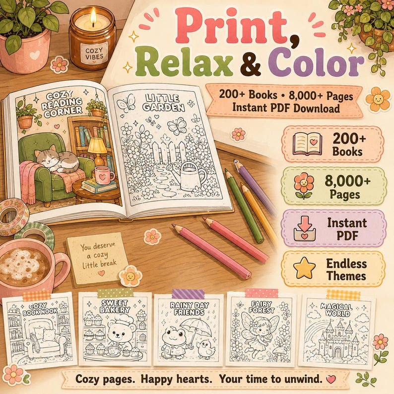Puede incluir: Una colecci&oacute;n de libros para colorear digitales titulada Print, Relax & Color con m&aacute;s de 200 libros y 8.000 p&aacute;ginas. La imagen muestra un libro abierto con ilustraciones, l&aacute;pices de colores y cinco p&aacute;ginas de muestra sobre una superficie.