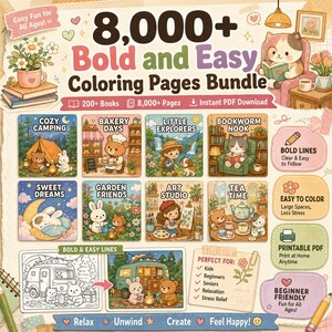 Puede incluir: Un paquete digital de m&aacute;s de 8.000 p&aacute;ginas para colorear con l&iacute;neas gruesas y dise&ntilde;os sencillos como camping, panader&iacute;a y arte. La imagen incluye etiquetas de texto, ilustraciones de animales e iconos de archivos PDF imprimibles.