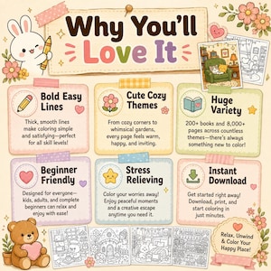 Puede incluir: Un anuncio de libro para colorear digital con un conejo blanco sosteniendo un l&aacute;piz, un oso de peluche marr&oacute;n con un coraz&oacute;n y seis cajas de informaci&oacute;n en tonos pastel tituladas Bold Easy Lines, Cute Cozy Themes, Huge Variety, Beginner Friendly, Stress Relieving y Instant Download, con p&aacute;ginas de muestra.