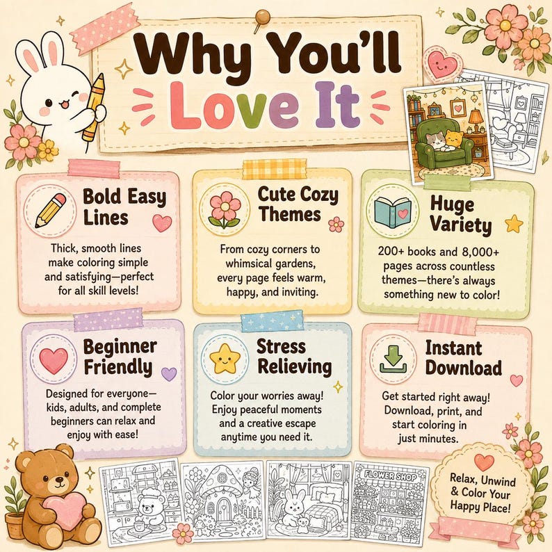 Puede incluir: Un anuncio de libro para colorear digital con un conejo blanco sosteniendo un l&aacute;piz, un oso de peluche marr&oacute;n con un coraz&oacute;n y seis cajas de informaci&oacute;n en tonos pastel tituladas Bold Easy Lines, Cute Cozy Themes, Huge Variety, Beginner Friendly, Stress Relieving y Instant Download, con p&aacute;ginas de muestra.