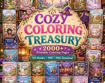 Puede incluir: Una colección digital titulada Cozy Coloring Treasury que incluye más de 2000 páginas para colorear imprimibles en 50 libros en formatos PDF y PNG. La portada muestra varias cubiertas de libros ilustrados con temas como Magic Garden, Fairy Tea Party y Space Explorers, dispuestas alrededor de una placa central decorativa.