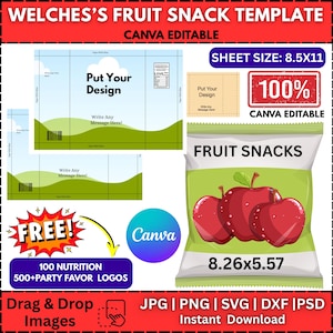 Peut inclure: Un modèle d'emballage de collations aux fruits Welch's, avec un sac vert et blanc avec des illustrations de pommes rouges. La conception comprend des éléments modifiables, des champs de texte et le logo Canva. La taille de la feuille est de 21,59x27,94 cm.