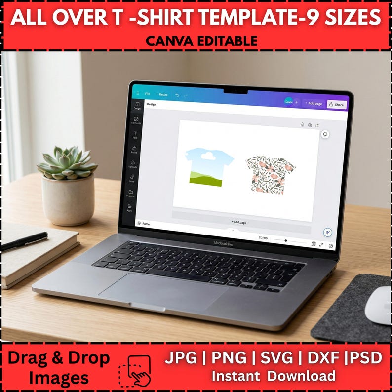 May include: A laptop displays a design interface with two t-shirt templates. The screen shows a light blue t-shirt with a landscape design and a floral patterned shirt. Text at the top reads "ALL OVER T-SHIRT TEMPLATE - 9 SIZES CANVA EDITABLE".