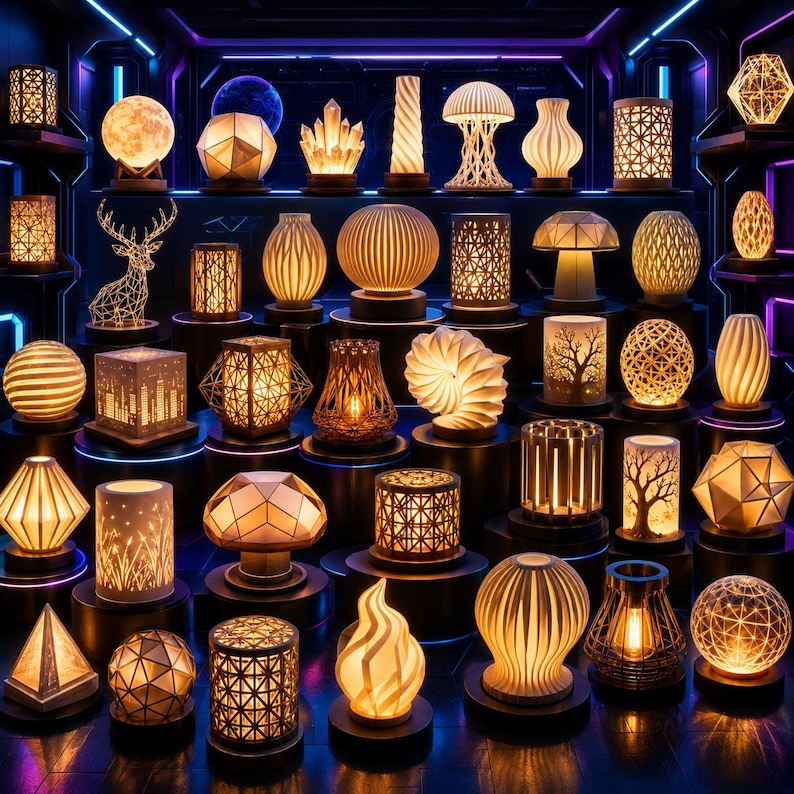 Puede incluir: Una colecci&oacute;n de l&aacute;mparas decorativas en diversas formas y dise&ntilde;os, iluminadas con un brillo c&aacute;lido. Las l&aacute;mparas incluyen formas geom&eacute;tricas, esf&eacute;ricas e inspiradas en la naturaleza, dispuestas en plataformas escalonadas sobre un fondo oscuro con acentos de ne&oacute;n.