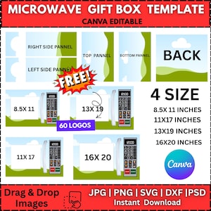 May include: A red and white graphic with the text "MICROWAVE GIFT BOX TEMPLATE CANVA EDITABLE". The design includes templates for gift boxes in four sizes: 8.5x11, 11x17, 13x19, and 16x20 inches. It also features the text "Drag & Drop Images" and "Instant Download".