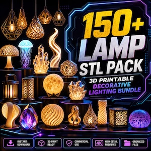 Puede incluir: Una colección de lámparas decorativas y accesorios de iluminación, que incluyen lámparas colgantes, lámparas de mesa y diseños escultóricos. La imagen presenta una variedad de formas, colores y texturas, con el texto "150+ LAMP STL PACK" y "3D PRINTABLE DECORATIVE LIGHTING BUNDLE".