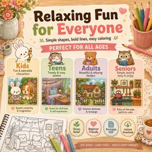 Puede incluir: Una portada de libro para colorear titulada Relaxing Fun for Everyone con cuatro secciones para ni&ntilde;os, adolescentes, adultos y personas mayores. Incluye ilustraciones de un conejo, gato, oso y b&uacute;ho, con l&aacute;pices de colores y una taza.