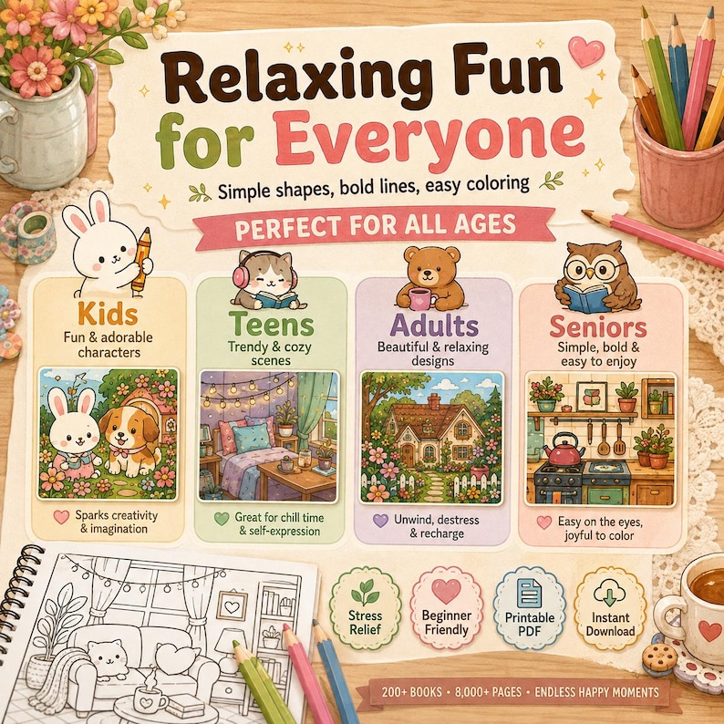 Puede incluir: Una portada de libro para colorear titulada Relaxing Fun for Everyone con cuatro secciones para ni&ntilde;os, adolescentes, adultos y personas mayores. Incluye ilustraciones de un conejo, gato, oso y b&uacute;ho, con l&aacute;pices de colores y una taza.