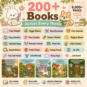 Puede incluir: Una colecci&oacute;n digital de m&aacute;s de 200 libros para colorear con temas como Cozy Kawaii, Hygge Nature y Fairy Gardens. El gr&aacute;fico incluye ilustraciones de un conejo blanco, un corgi y cinco portadas de libros que muestran escenas como un rinc&oacute;n de lectura, campos de girasoles, un castillo, un cachorro y un bosque encantado.