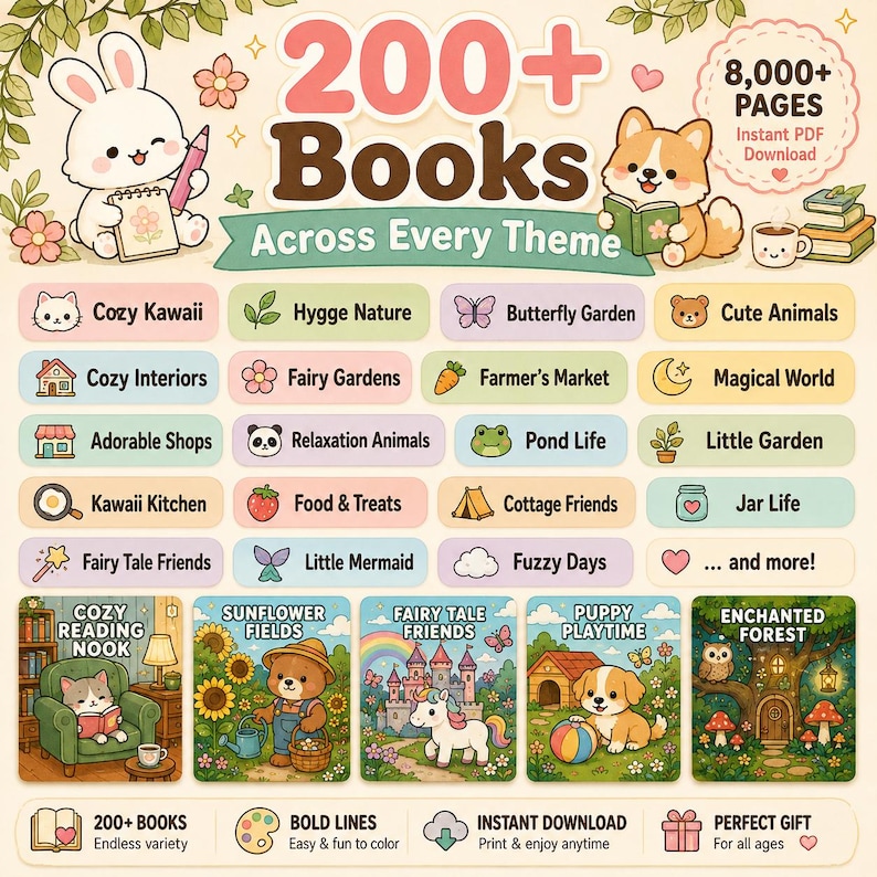 Puede incluir: Una colecci&oacute;n digital de m&aacute;s de 200 libros para colorear con temas como Cozy Kawaii, Hygge Nature y Fairy Gardens. El gr&aacute;fico incluye ilustraciones de un conejo blanco, un corgi y cinco portadas de libros que muestran escenas como un rinc&oacute;n de lectura, campos de girasoles, un castillo, un cachorro y un bosque encantado.
