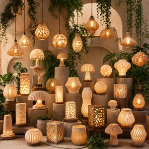 Puede incluir: Una colecci&oacute;n de l&aacute;mparas decorativas, incluyendo colgantes y de mesa, en diversas formas y tama&ntilde;os. Las l&aacute;mparas est&aacute;n hechas de materiales naturales y presentan intrincados dise&ntilde;os calados, emitiendo un brillo c&aacute;lido. Las l&aacute;mparas se exhiben sobre pedestales.