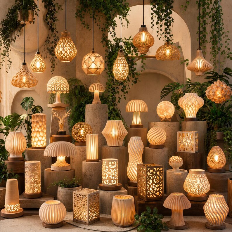 Puede incluir: Una colecci&oacute;n de l&aacute;mparas decorativas, incluyendo colgantes y de mesa, en diversas formas y tama&ntilde;os. Las l&aacute;mparas est&aacute;n hechas de materiales naturales y presentan intrincados dise&ntilde;os calados, emitiendo un brillo c&aacute;lido. Las l&aacute;mparas se exhiben sobre pedestales.