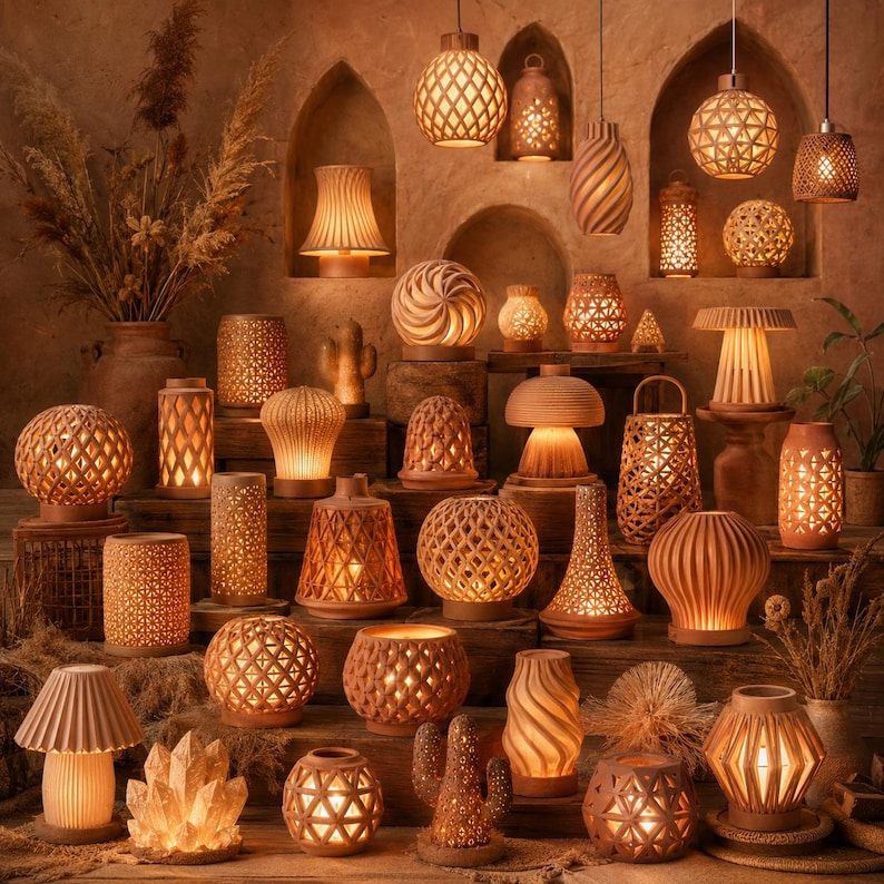 Puede incluir: Colecci&oacute;n de l&aacute;mparas y faroles de terracota con diversos dise&ntilde;os geom&eacute;tricos y org&aacute;nicos. Las l&aacute;mparas iluminadas emiten una luz c&aacute;lida. Algunas cuelgan, otras se apoyan en plataformas de madera, creando una est&eacute;tica bohemia y acogedora.