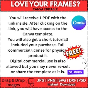 May include: A digital product advertisement with the text "LOVE YOUR FRAMES?" and "CANVA EDITABLE." The image includes instructions for accessing a Canva template, a "FREE!" graphic, and a list of file formats. The Canva logo is also present.
