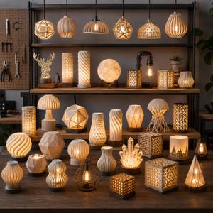 Puede incluir: Una colecci&oacute;n de l&aacute;mparas decorativas y colgantes de varias formas y tama&ntilde;os, hechas de madera y otros materiales. Las l&aacute;mparas presentan dise&ntilde;os intrincados e iluminaci&oacute;n c&aacute;lida, creando un ambiente acogedor y acogedor. Las l&aacute;mparas se exhiben en estantes de madera y una mesa.