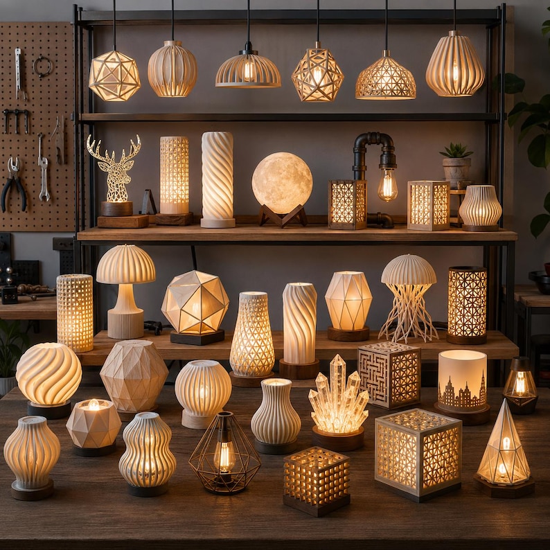 Puede incluir: Una colecci&oacute;n de l&aacute;mparas decorativas y colgantes de varias formas y tama&ntilde;os, hechas de madera y otros materiales. Las l&aacute;mparas presentan dise&ntilde;os intrincados e iluminaci&oacute;n c&aacute;lida, creando un ambiente acogedor y acogedor. Las l&aacute;mparas se exhiben en estantes de madera y una mesa.