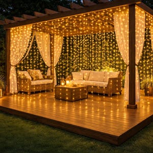 Guirnalda de luces solares tipo cortina de 3 x 3 m con 300 LED, luces de hadas impermeables para exteriores con 8 modos.