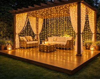 Solar Curtain String Lights 3x3M 300 LEDs Outdoor Waterproof Fairy Lights 8 Modes