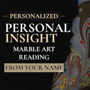 Op de afbeelding: Een promotieafbeelding met de tekst "PERSONALIZED PERSONAL INSIGHT MARBLE ART READING FROM YOUR NAME". De achtergrond is zwart, met een marmerkunstontwerp in tinten blauw, groen, rood en geel aan de rechterkant.