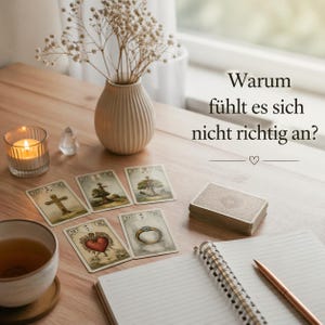 Könnte beinhalten: Ein Stillleben mit Tarotkarten, einer Teetasse, einer Kerze und einer Vase mit Trockenblumen. Die Karten liegen auf einer Holzoberfläche, zusammen mit einem Notizbuch und einem Stift. Der Text "Warum fühlt es sich nicht richtig an?" ist sichtbar.