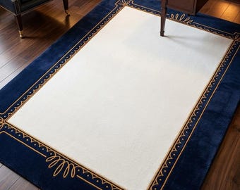 Navy Blue Gold Wool Rug | Hand Tufted Ivory Cream Border Carpet | Traditional Area Rug