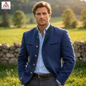 May include: A blue blazer with gold buttons and green trim. The blazer is worn over a light blue button-down shirt. The person is wearing a brown belt and grey trousers. The background is a field and stone wall.