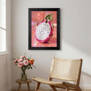 May include: A framed wall art print featuring a vibrant dragon fruit rendered in a mosaic style. The fruit has a bright pink outer skin and a white interior filled with small black seeds, all composed of reflective, shimmering tile pieces.