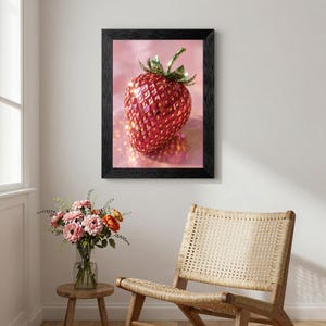 May include: A framed wall art print featuring a vibrant, sparkling red strawberry with a faceted, jewel-like texture and a green stem. The strawberry is set against a soft, glowing pink background, creating a bright and reflective visual effect.