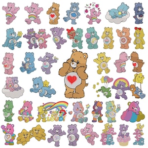 May include: A collection of Care Bears stickers featuring various colorful bears in different poses, expressions, and activities. Each bear displays a unique belly badge symbol, including hearts, rainbows, stars, and food items, with one graphic reading Care Out Loud.
