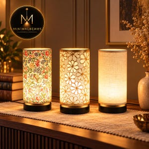 Botanisk glödande cylinderlampa – USB-bordslampa i linne, vintage blommig sänglampa, mysig sovrumsinredning