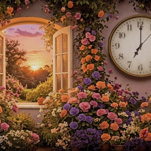 Peut inclure: Une fenêtre ouverte sur un coucher de soleil, entourée de fleurs vibrantes aux tons de rose, orange et violet. Une grande horloge avec des chiffres romains est accrochée au mur. La scène évoque la tranquillité et la beauté naturelle.