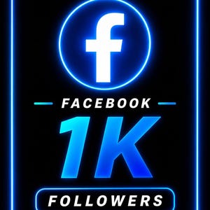 Può includere: Grafica digitale con sfondo nero e bordo blu neon. Il logo di Facebook è in un cerchio blu con una "f" bianca all'interno. Il testo recita "FACEBOOK" e "1K FOLLOWERS" in bianco e blu.