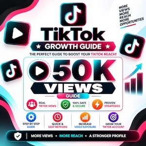 Puede incluir: Un gráfico digital titulado TikTok Growth Guide con el texto 50K Views Guide. El diseño incluye logotipos de TikTok e iconos para vistas reales, seguridad, estrategias probadas, una guía paso a paso y exposición de video.
