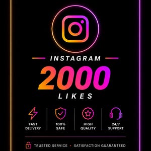 May include: A digital graphic on a black background with a neon orange and purple border. The Instagram logo is at the top, with the word "INSTAGRAM" below it. The number "2000" is displayed in large, vibrant pink letters, followed by "LIKES". Icons and text below indicate "FAST DELIVERY", "100% SAFE", "HIGH QUALITY", and "24/7 SUPPORT".