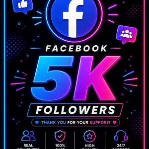 Puede incluir: Gráfico digital que promociona Facebook con fondo negro y borde neón azul y rosa. El logotipo de Facebook está centrado sobre el texto "FACEBOOK 5K FOLLOWERS". Texto adicional incluye "THANK YOU FOR YOUR SUPPORT!" e iconos.