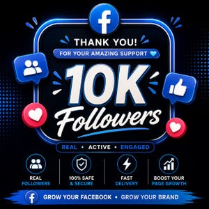 May include: A digital graphic celebrating 10K followers on Facebook. The design features a blue Facebook logo, white text reading THANK YOU FOR YOUR AMAZING SUPPORT, 10K FOLLOWERS, and icons including speech bubbles, hearts, and a thumbs up.