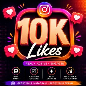 May include: A digital graphic featuring the text 10K Likes in large gold 3D letters centered within a glowing pink and orange Instagram-style frame. Four red notification bubbles with white hearts surround the frame. Below, text reads Real, Active, Engaged, Real Likes, 100% Safe & Secure, Fast Delivery, Boost Your Engagement, and Grow Your Instagram, Grow Your Brand.
