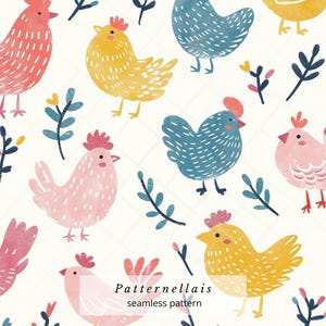 Puede incluir: Patrón repetitivo de pollos coloridos y follaje sobre un fondo blanco. Los pollos son rosas, amarillos y azules, con crestas rojas. El texto "Patternellais seamless pattern" está en la parte inferior.