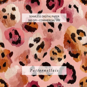 May include: A seamless digital paper pattern featuring abstract leopard spots in shades of pink, orange, brown, and cream on a light pink background. The text SEAMLESS DIGITAL PAPER 300 DPI COMMERCIAL USE and the word Patternellais are visible.