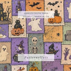 May include: A seamless digital paper pattern featuring a patchwork grid of Halloween illustrations including ghosts, pumpkins, black cats, a skeleton, a witch with a cauldron, bats, spiders, and a tombstone with the text SEAMLESS DIGITAL PAPER 300 DPI.